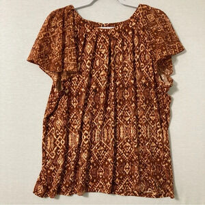 Calvin Klein Brown Tan Geometric Print Round Neck Short Sleeve Blouse XL